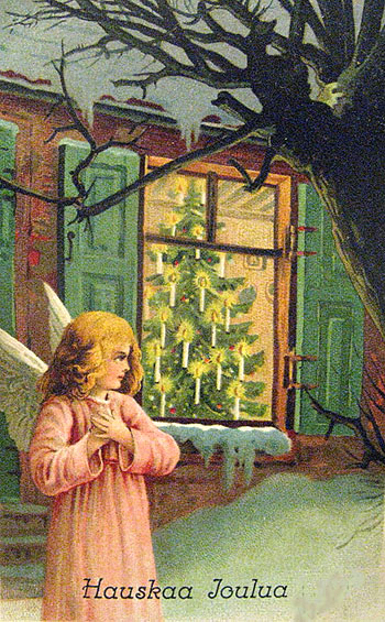 Enkeli katsoo ikkunasta joulukuusta